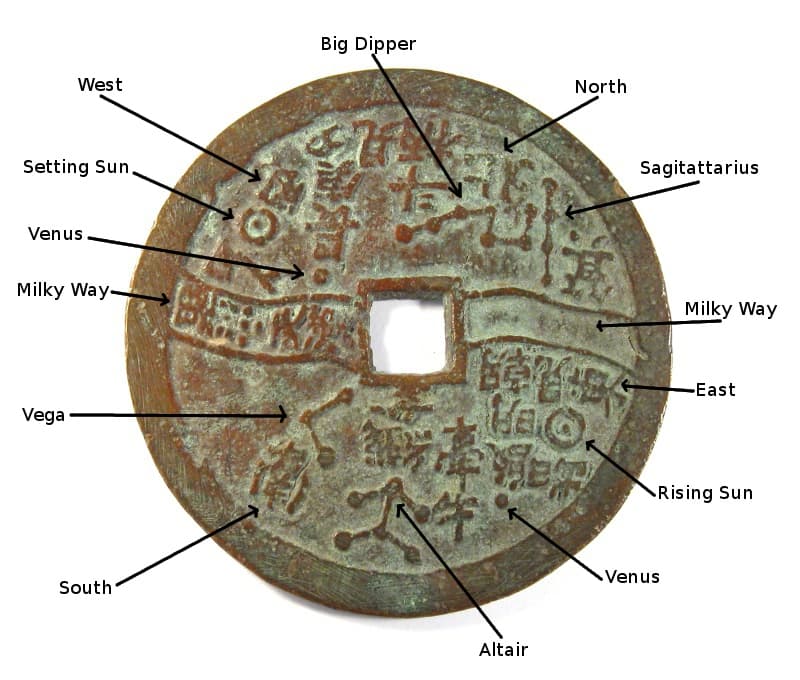 Chinese
                astronomy coin displaying star constellations, planets
                and the sun