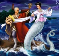 Modern illustration of Lady
                                  White and the Buddhist monk Fa Hai
                                  battling at Gold Mountain